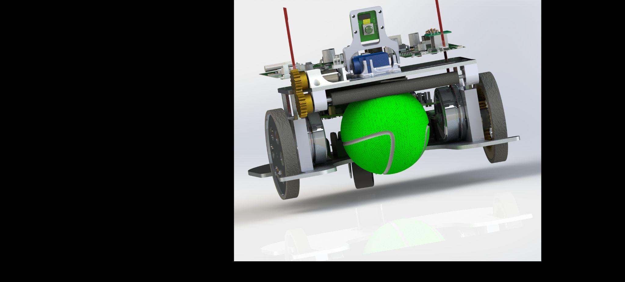 CAD close-up of the Vive gripper mechanism capturing a tennis ball